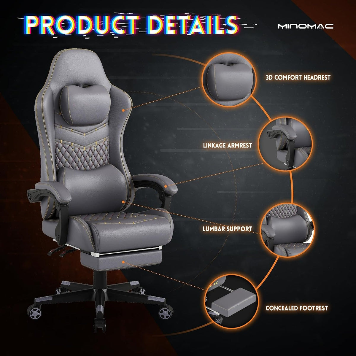 Grey Reclining Big Tall Gaming Chair