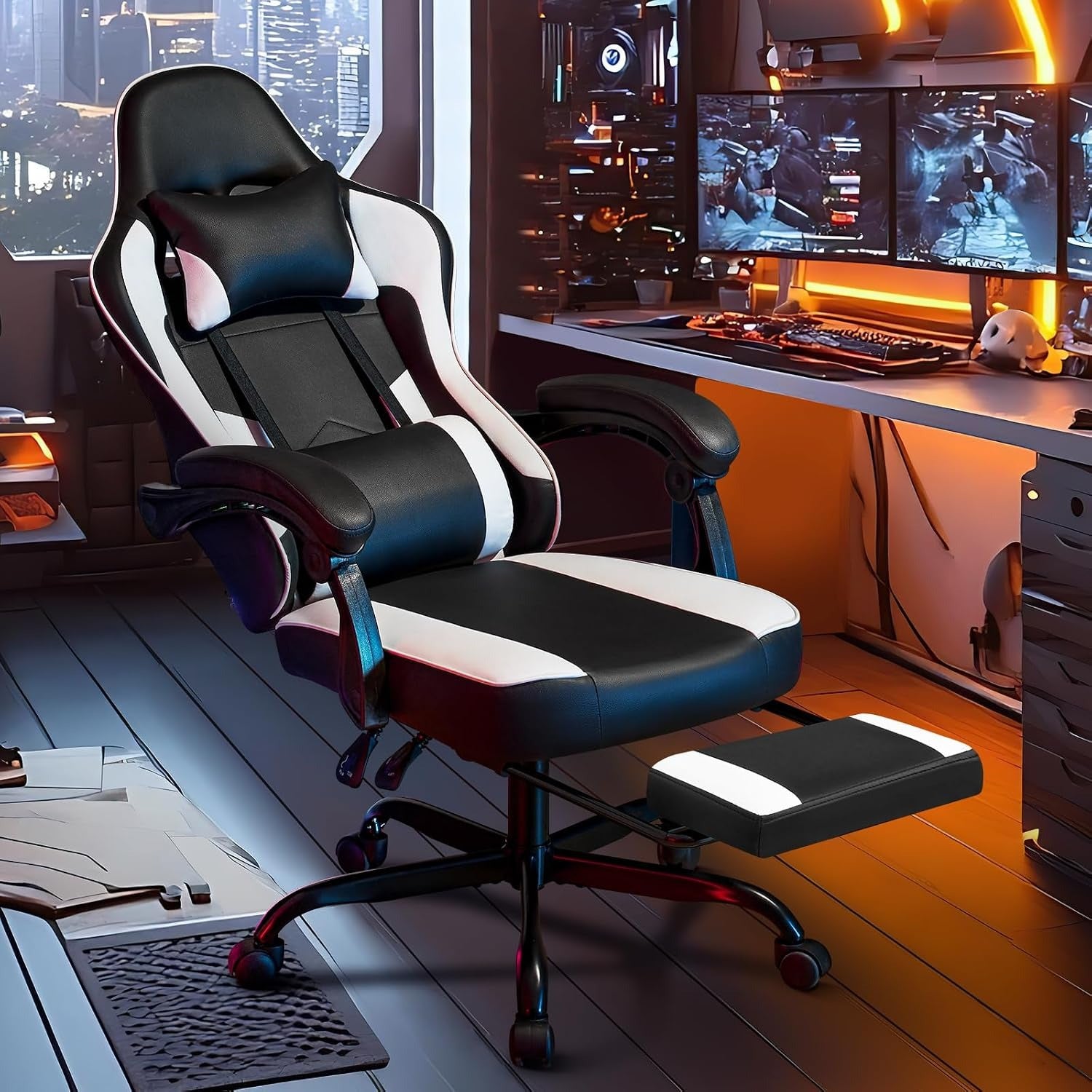 Black‑White Reclining PU Leather Gaming Chair