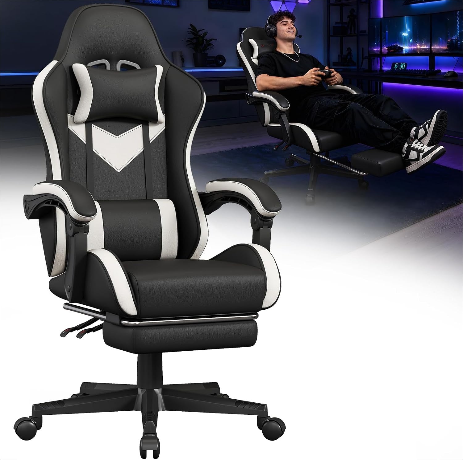 Black PU Leather High‑Back Reclining Gaming Chair