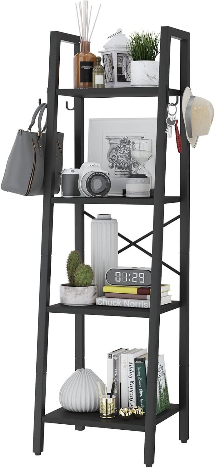 Black Industrial 4‑Tier Ladder Display Bookshelf