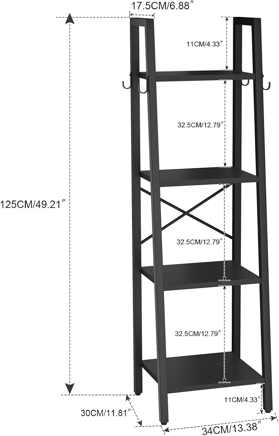 Black Industrial 4‑Tier Ladder Display Bookshelf