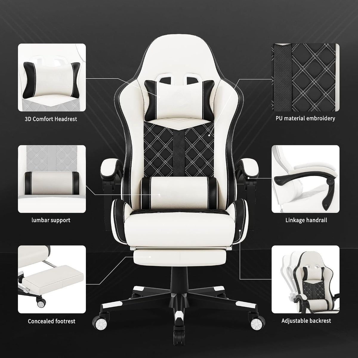 White Ergonomic Leather Reclining Gaming Chair