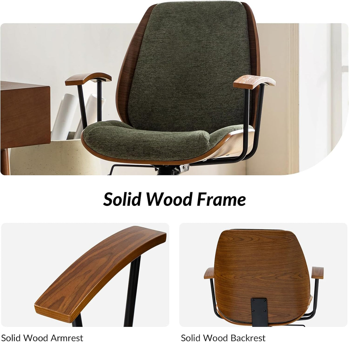 Mid‑Century Wooden Swivel Adjustable Office Chair