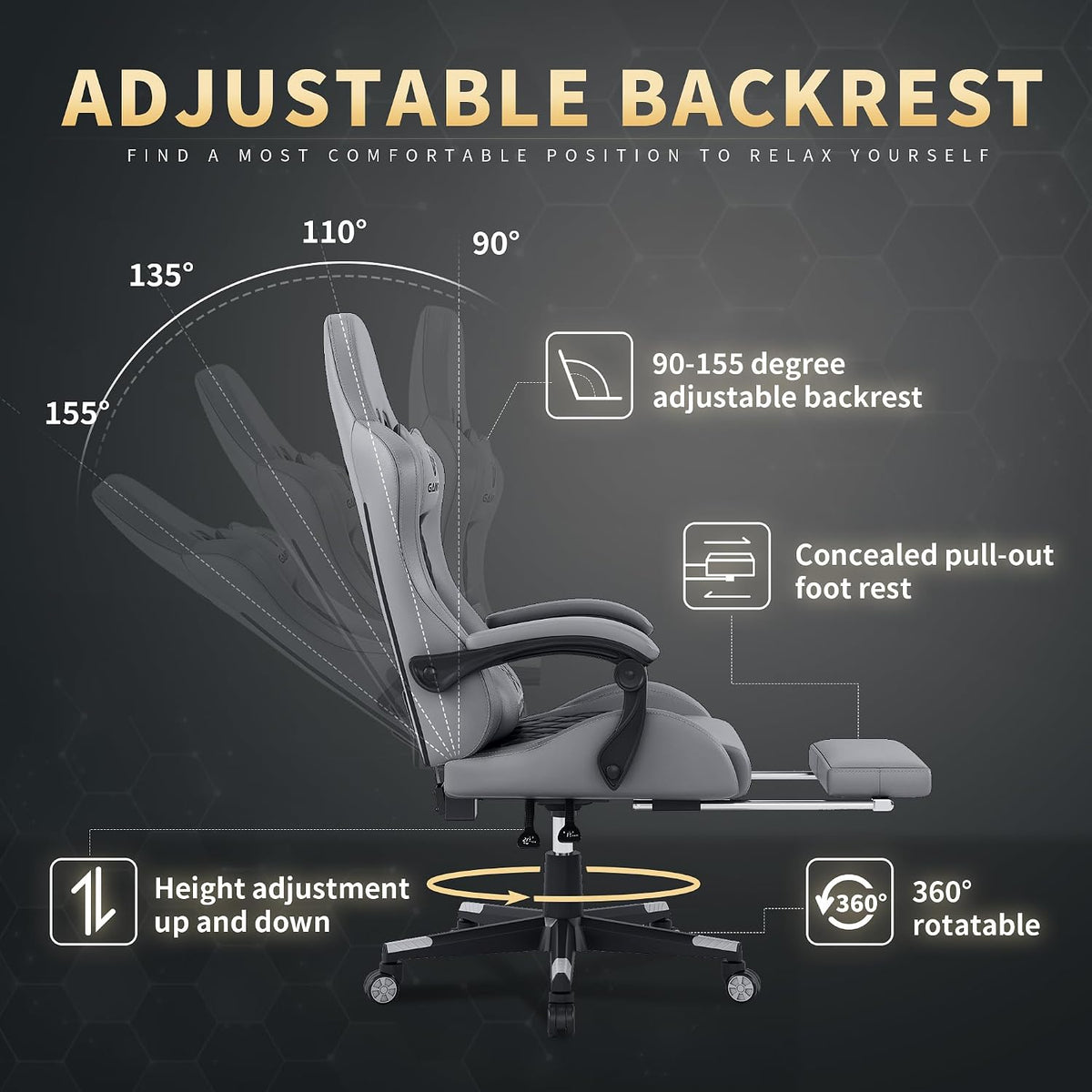 Grey Ergonomic Leather Reclining Gaming Chair
