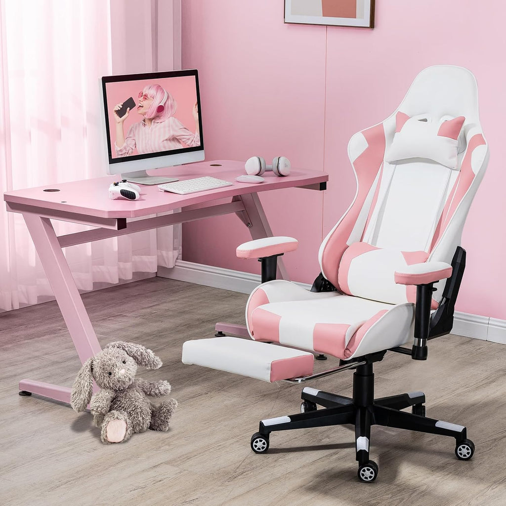 Pink‑White Reclining PU Leather Gaming Chair