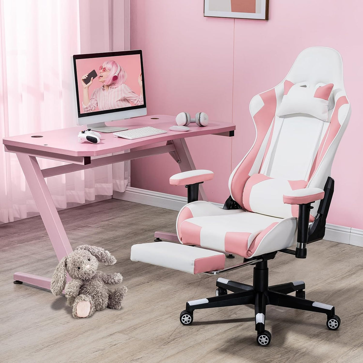 Pink‑White Reclining PU Leather Gaming Chair