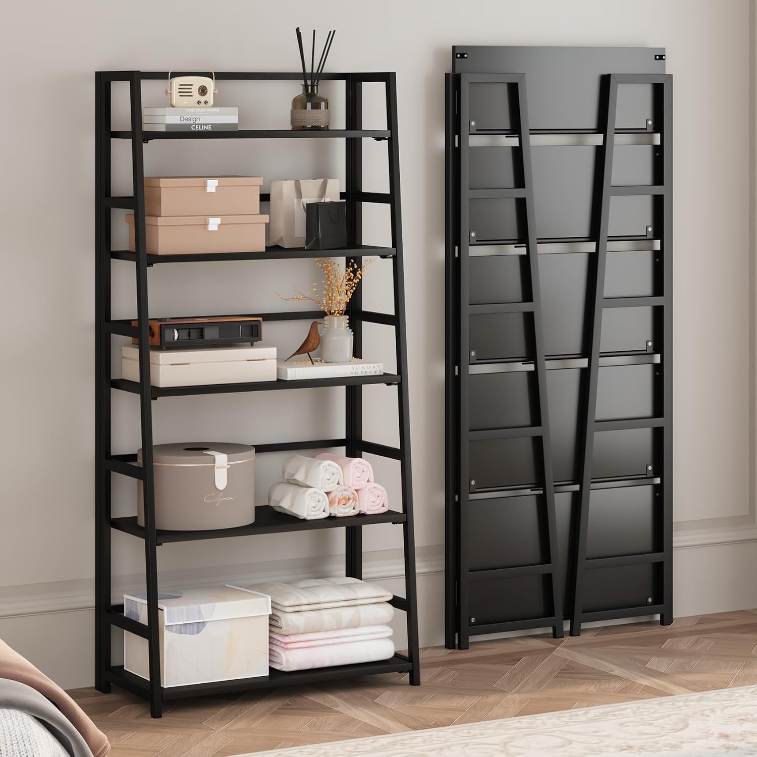 Black 5‑Tier Foldable Ladder Bookshelf