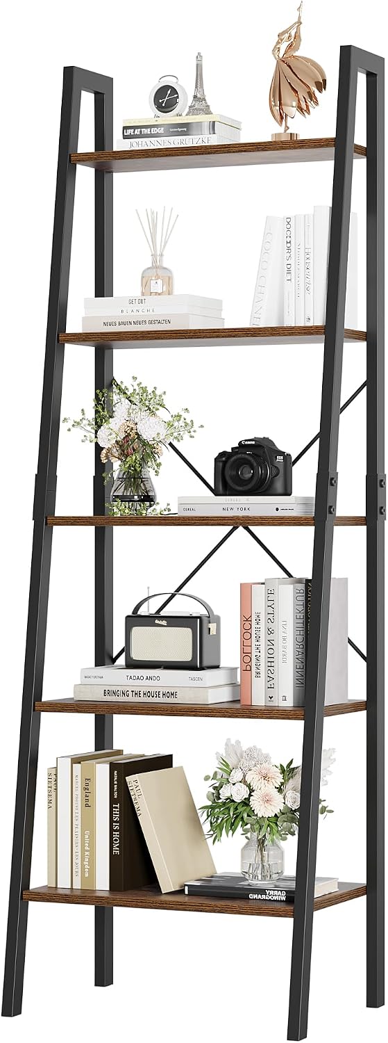 Rustic Brown Metal‑Frame Ladder Bookshelf