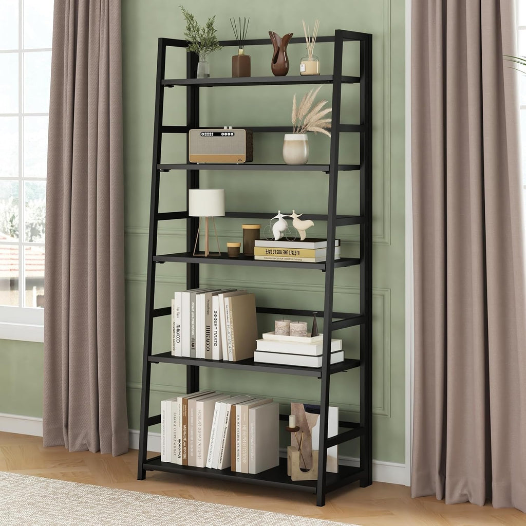 Black 5‑Tier Foldable Ladder Bookshelf