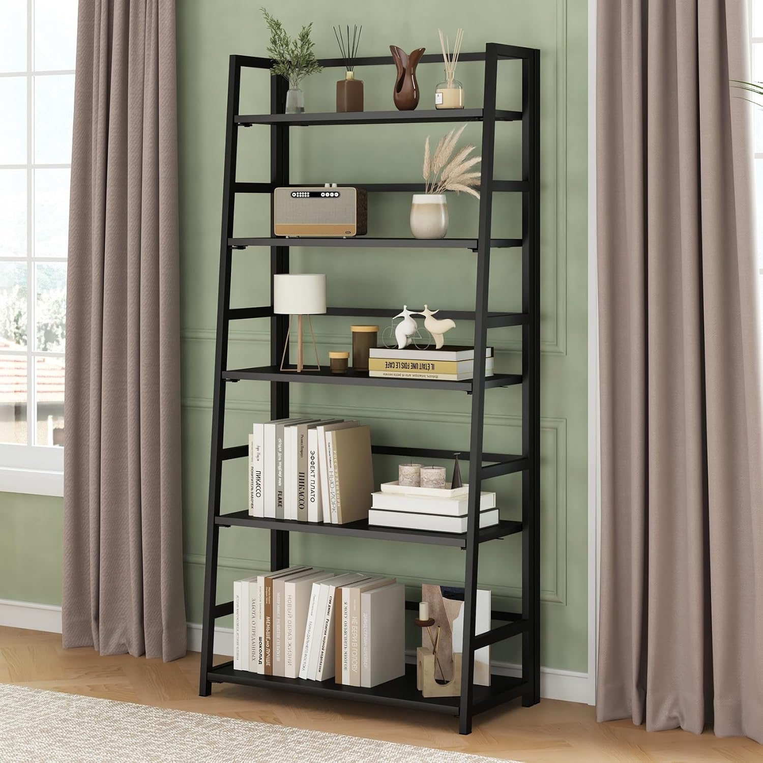 Black 5‑Tier Foldable Ladder Bookshelf