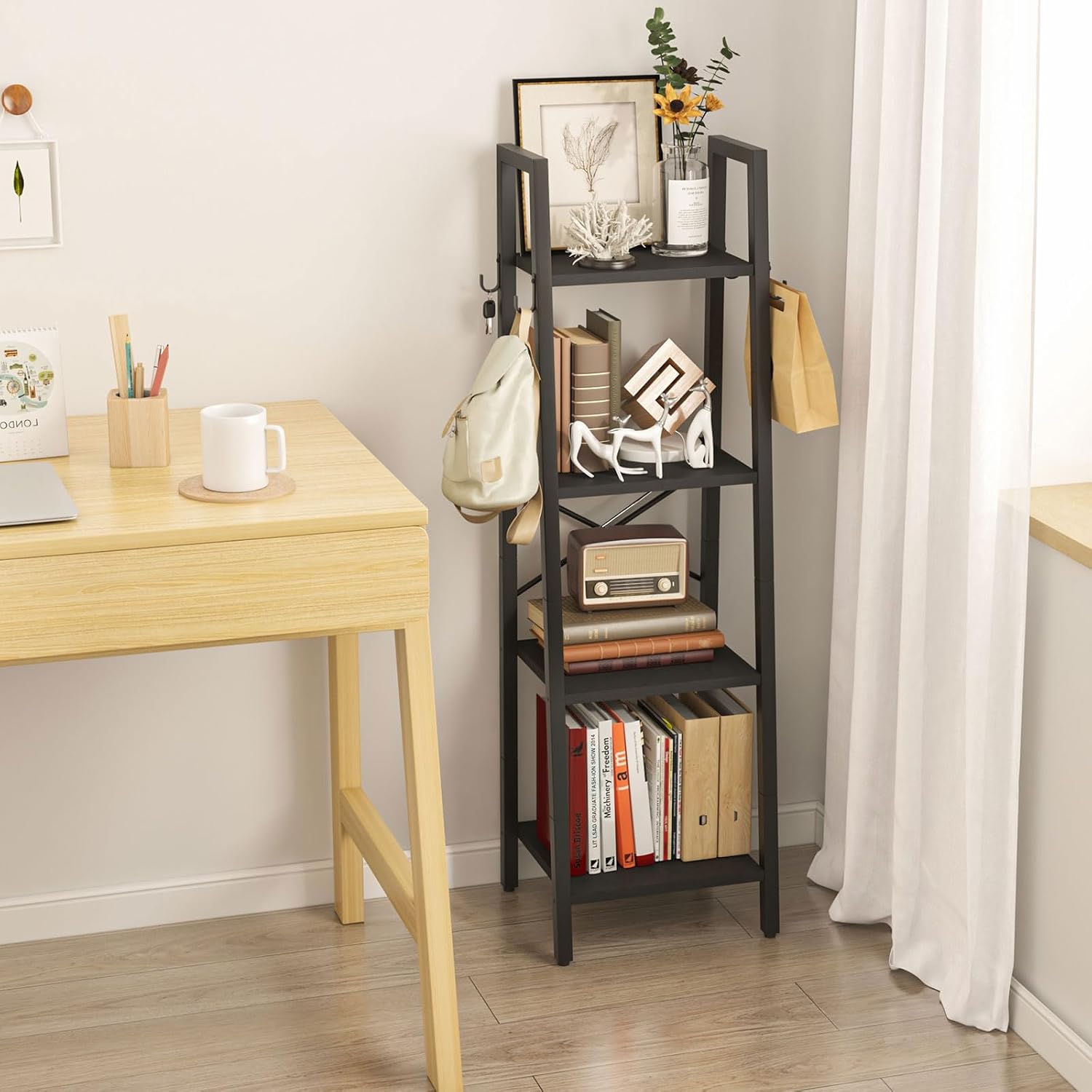 Black Industrial 4‑Tier Ladder Display Bookshelf