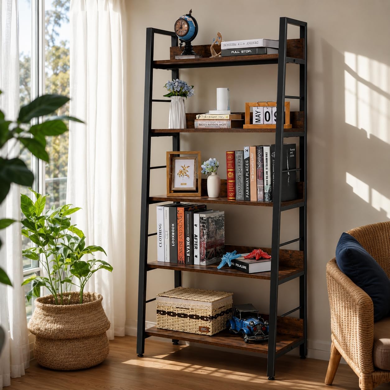 Rustic Brown Wood‑Metal Ladder Bookshelf