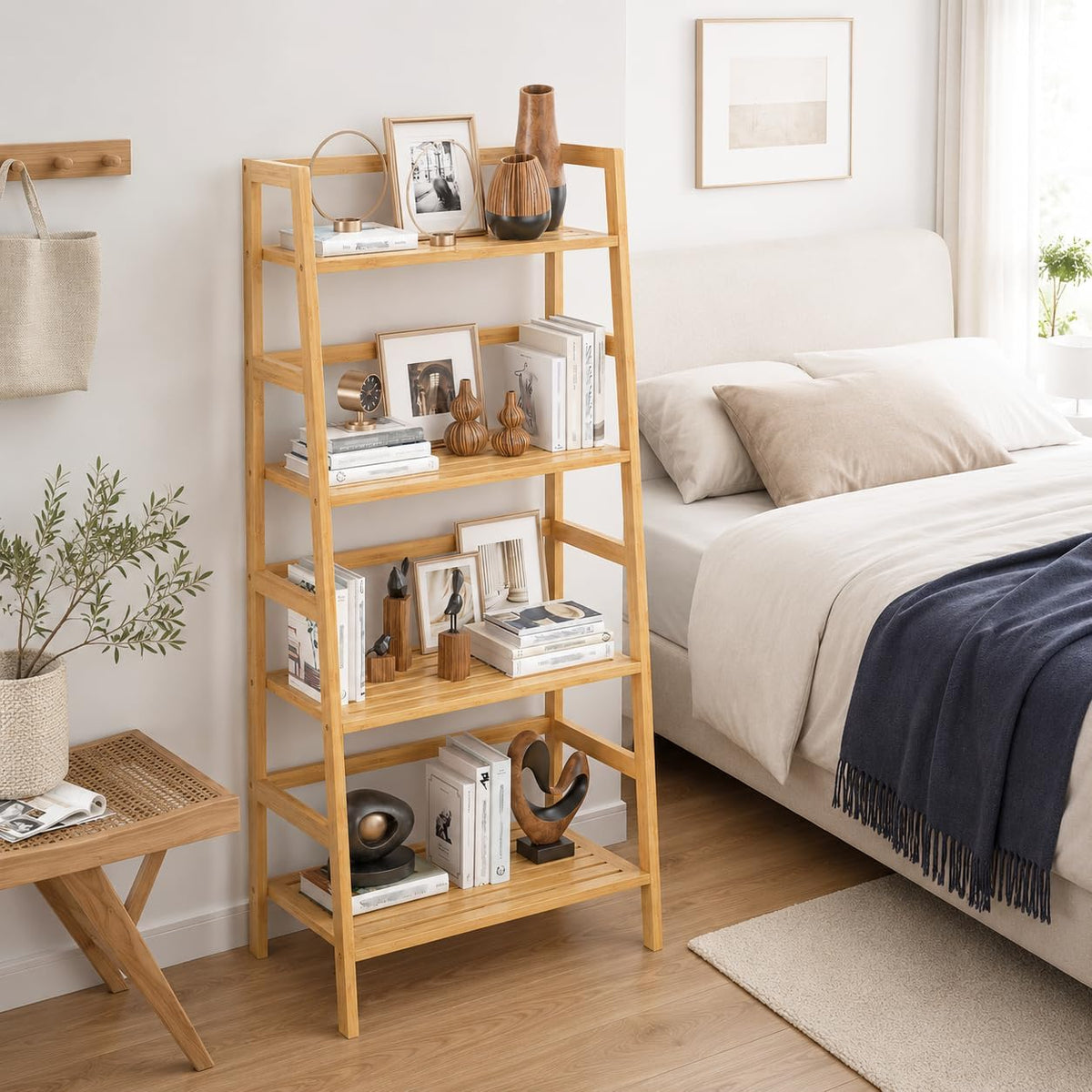 4‑Tier Bamboo Freestanding Ladder Bookshelf