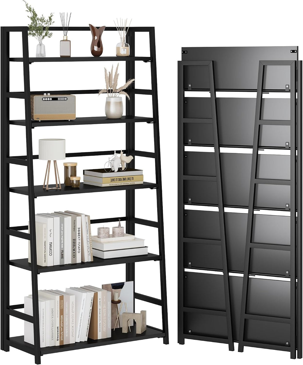 Black 5‑Tier Foldable Ladder Bookshelf
