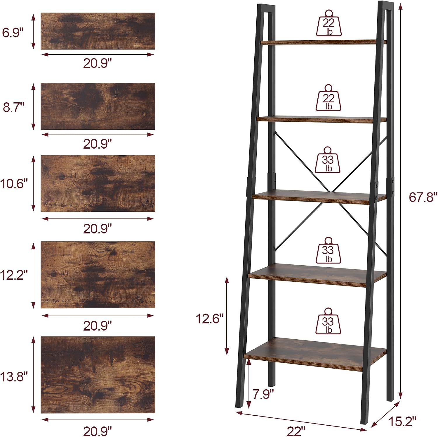 Rustic Brown Metal‑Frame Ladder Bookshelf