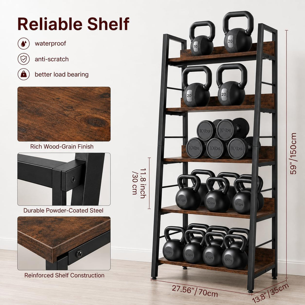 Rustic Brown Wood‑Metal Ladder Bookshelf