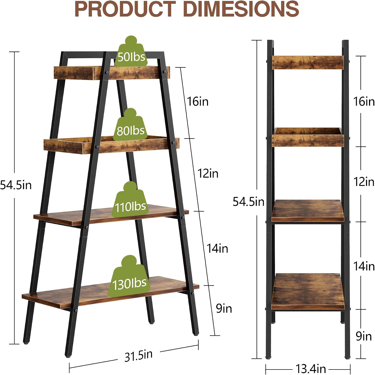 Brown Wood‑Metal 4‑Tier Ladder Bookshelf