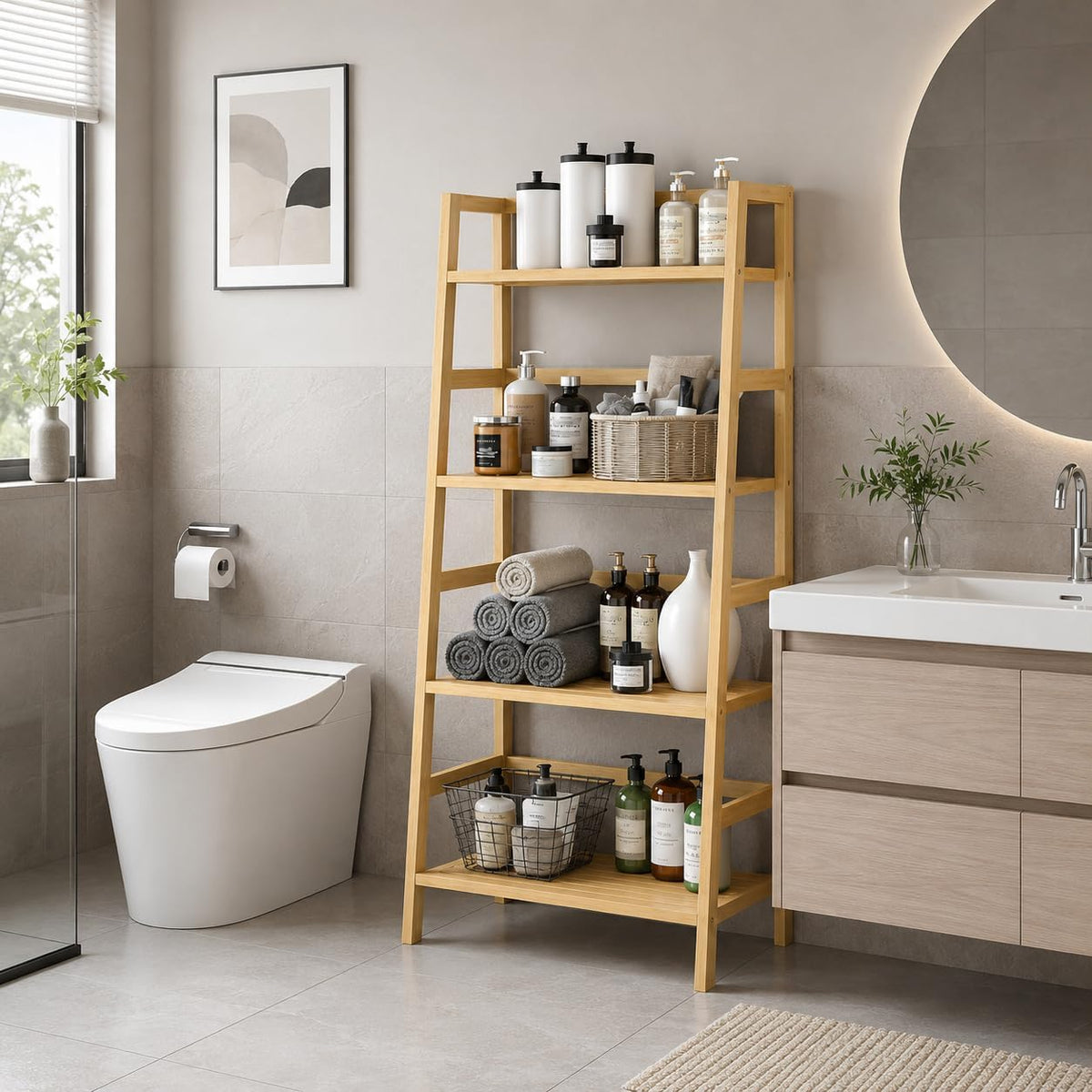 4‑Tier Bamboo Freestanding Ladder Bookshelf
