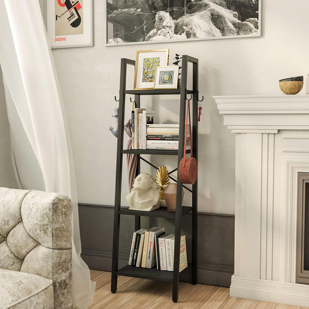 Black Industrial 4‑Tier Ladder Display Bookshelf