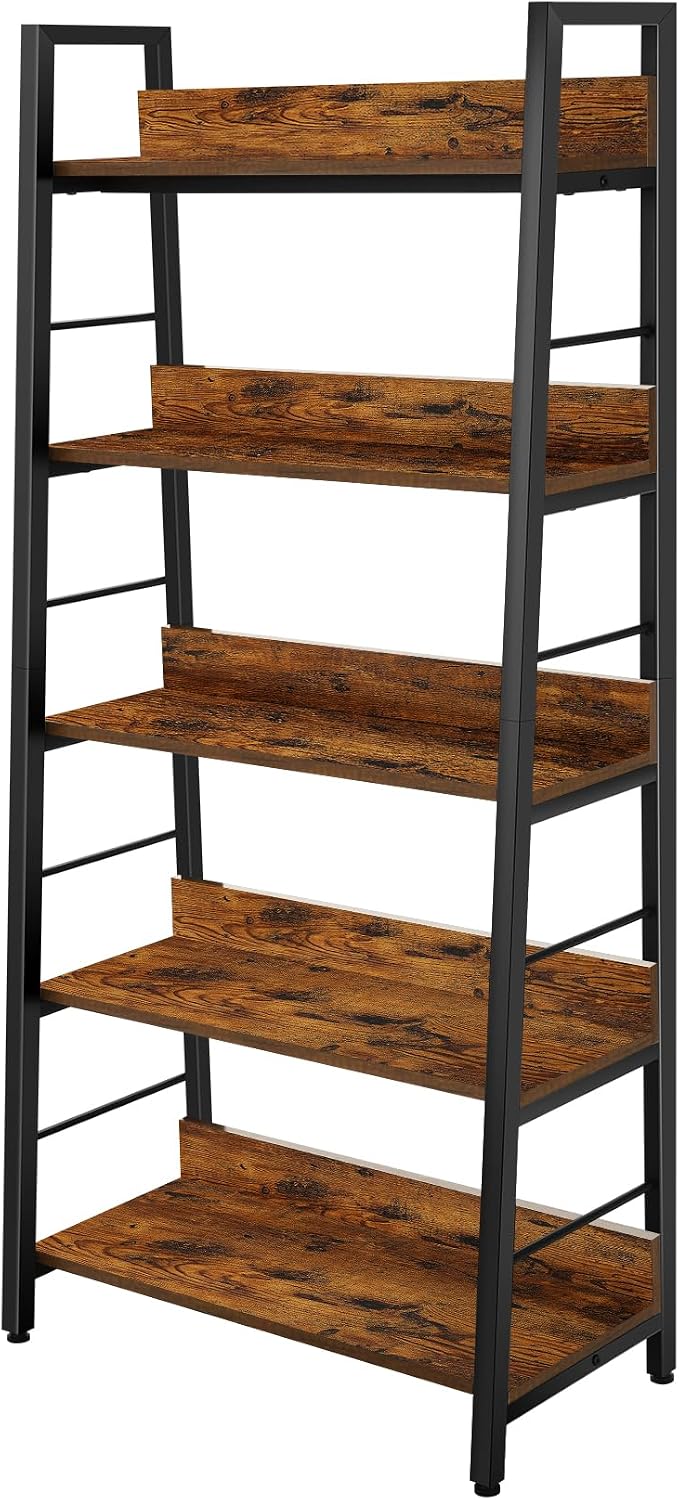 Rustic Brown Wood‑Metal Ladder Bookshelf