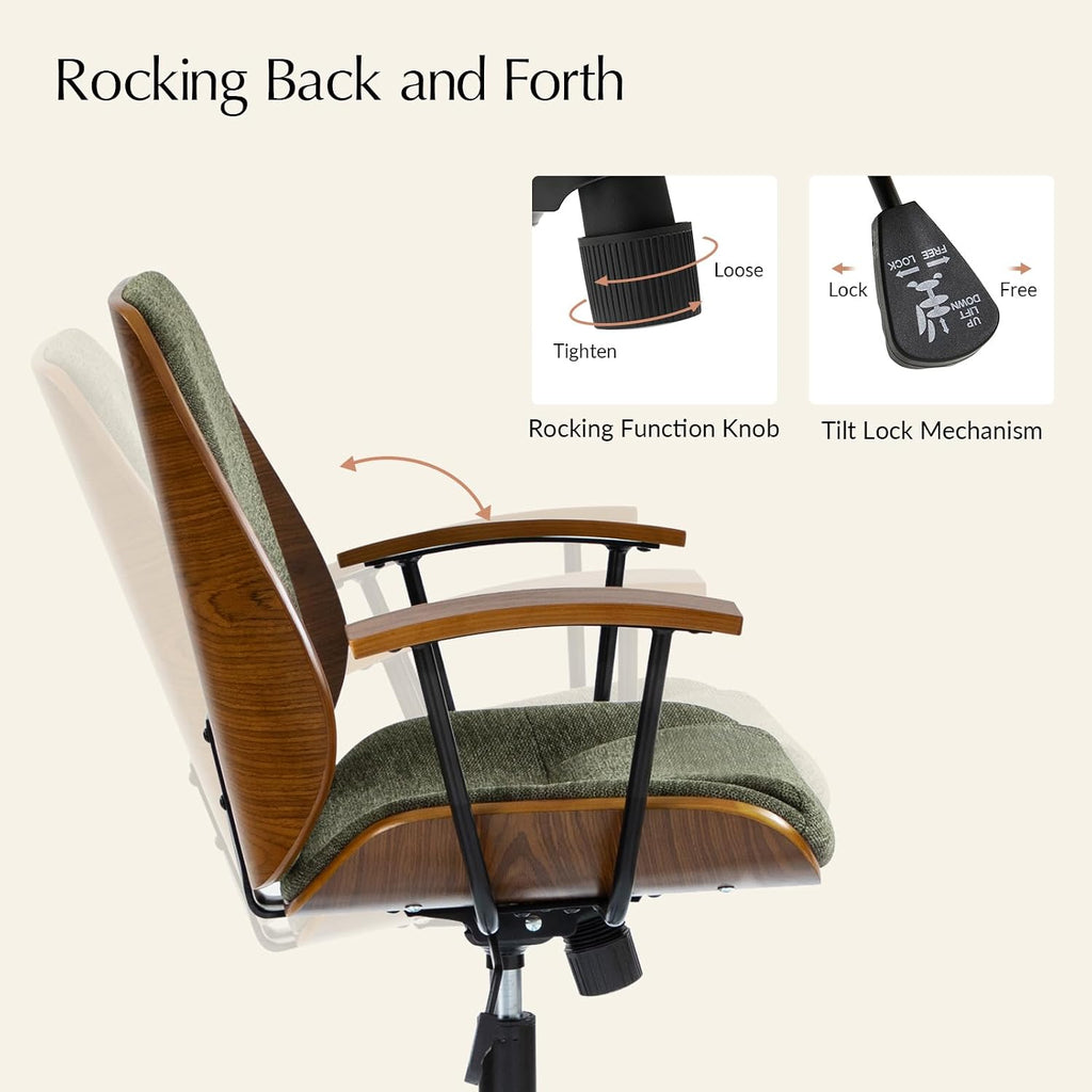 Mid‑Century Wooden Swivel Adjustable Office Chair