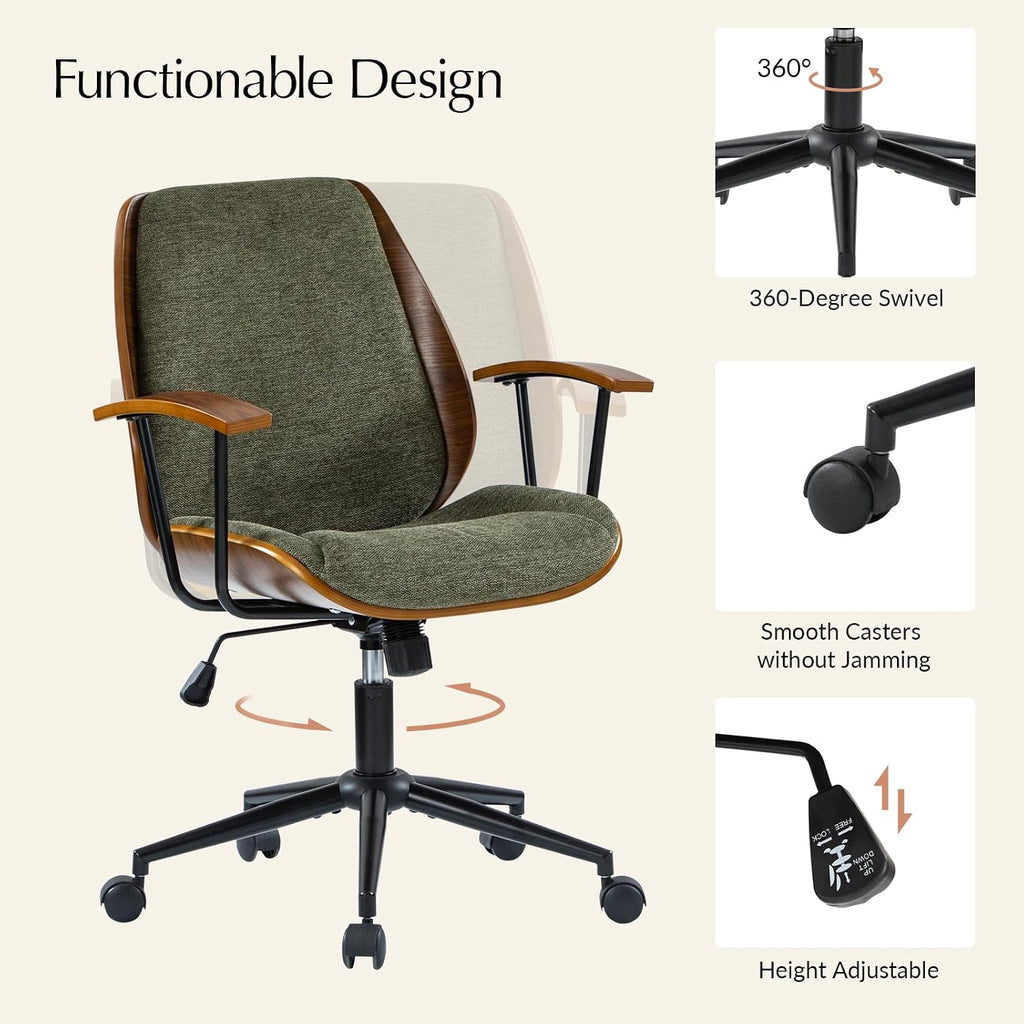 Mid‑Century Wooden Swivel Adjustable Office Chair