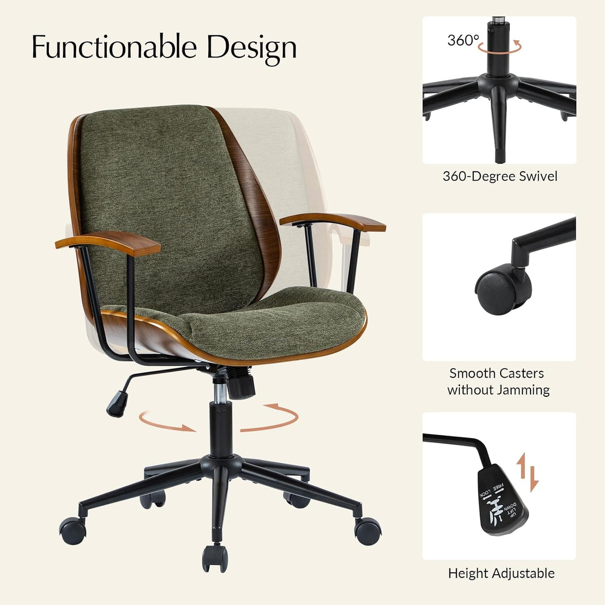 Mid‑Century Wooden Swivel Adjustable Office Chair