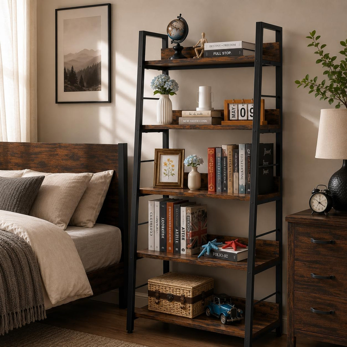 Rustic Brown Wood‑Metal Ladder Bookshelf