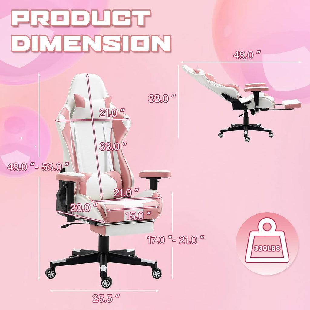 Pink‑White Reclining PU Leather Gaming Chair