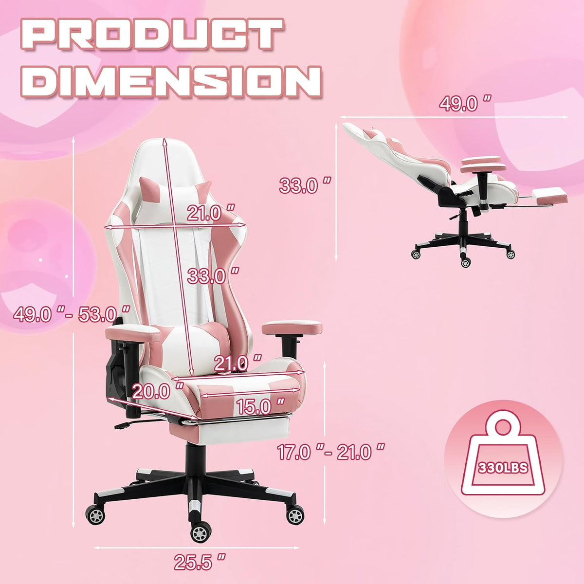 Pink‑White Reclining PU Leather Gaming Chair