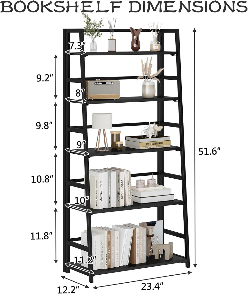 Black 5‑Tier Foldable Ladder Bookshelf