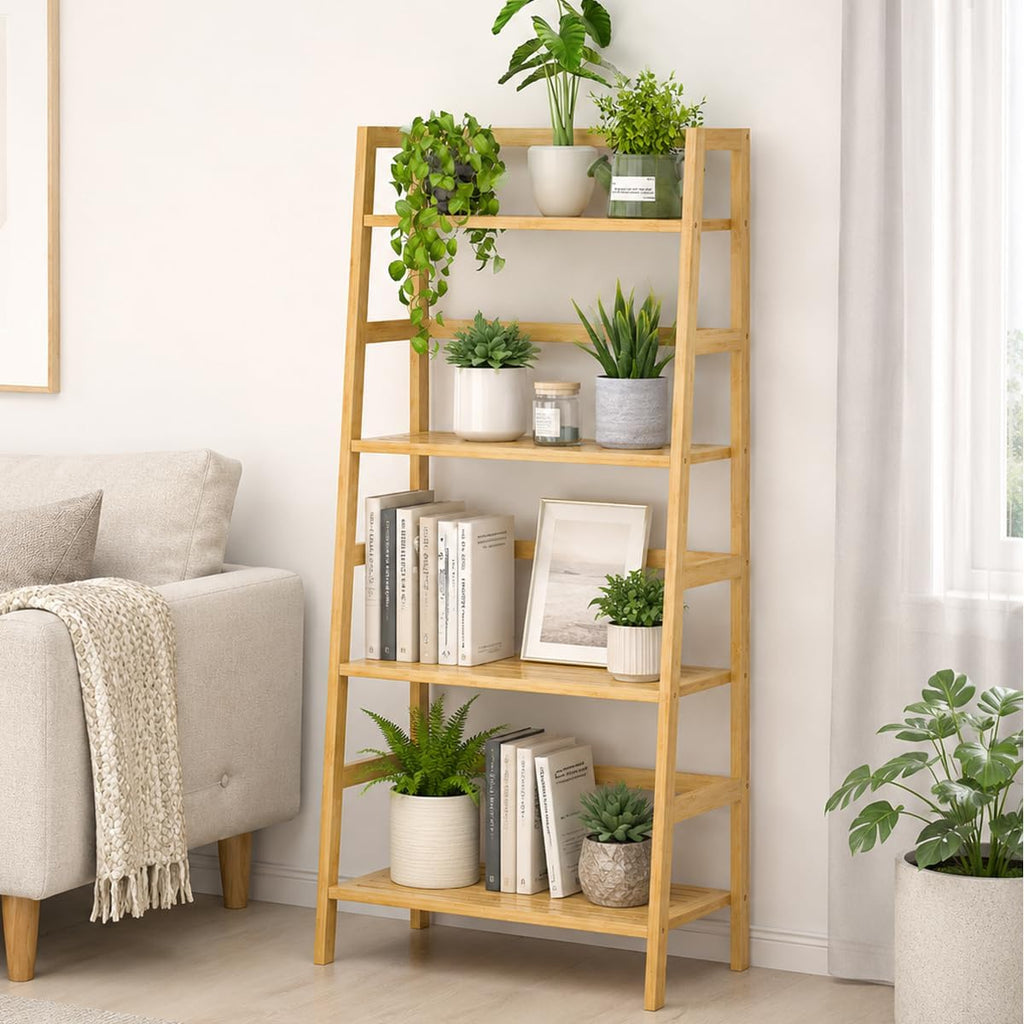 4‑Tier Bamboo Freestanding Ladder Bookshelf