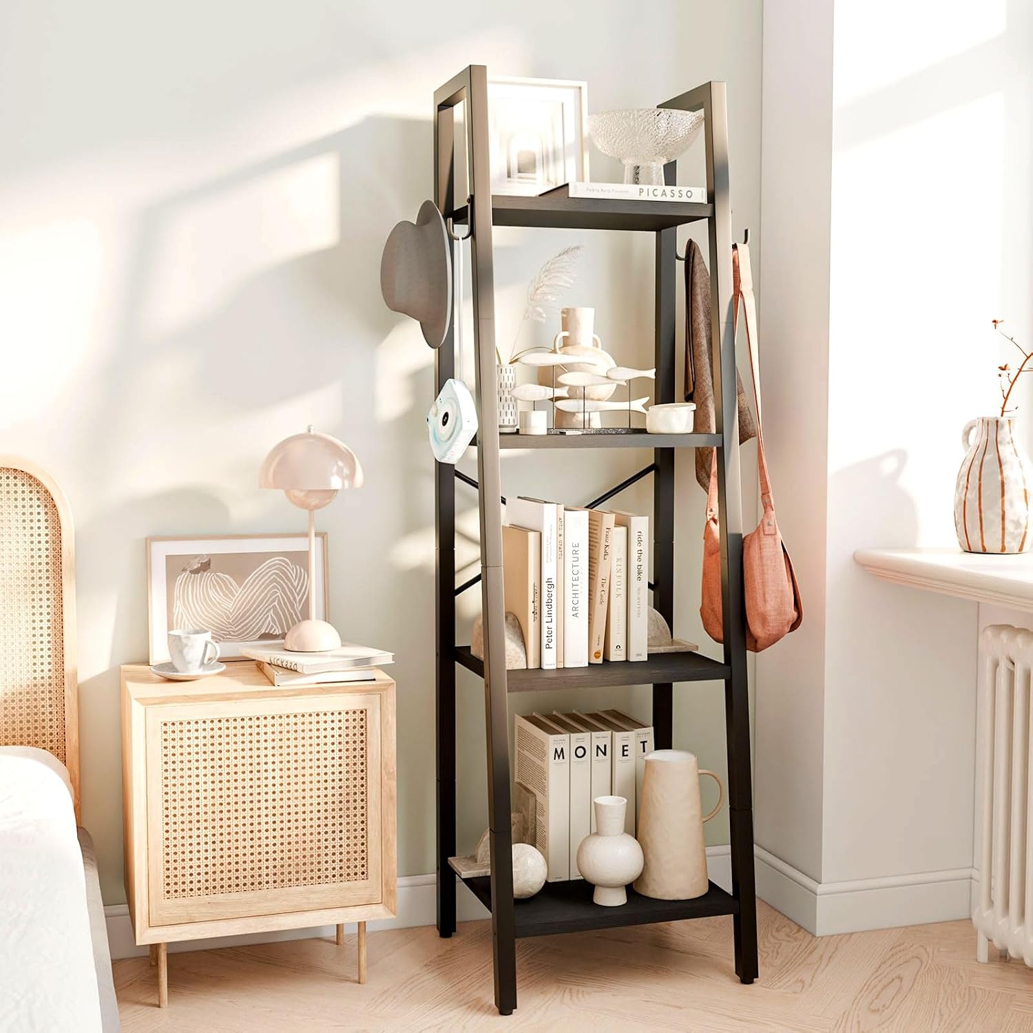 Black Industrial 4‑Tier Ladder Display Bookshelf