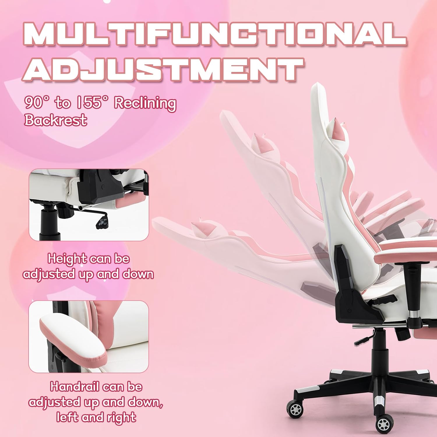 Pink‑White Reclining PU Leather Gaming Chair