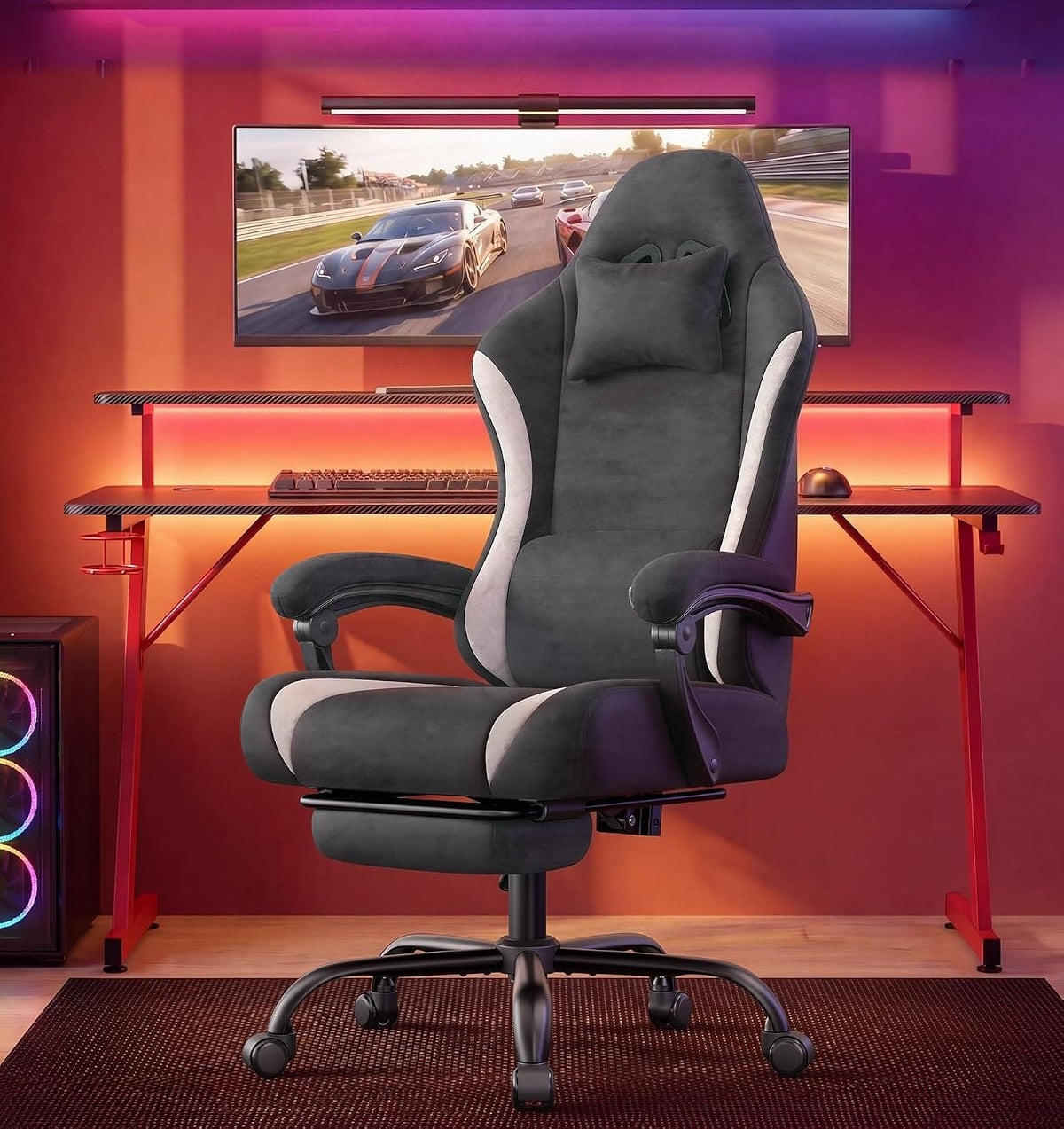 Charcoal‑White Suede Fabric Gaming Chair