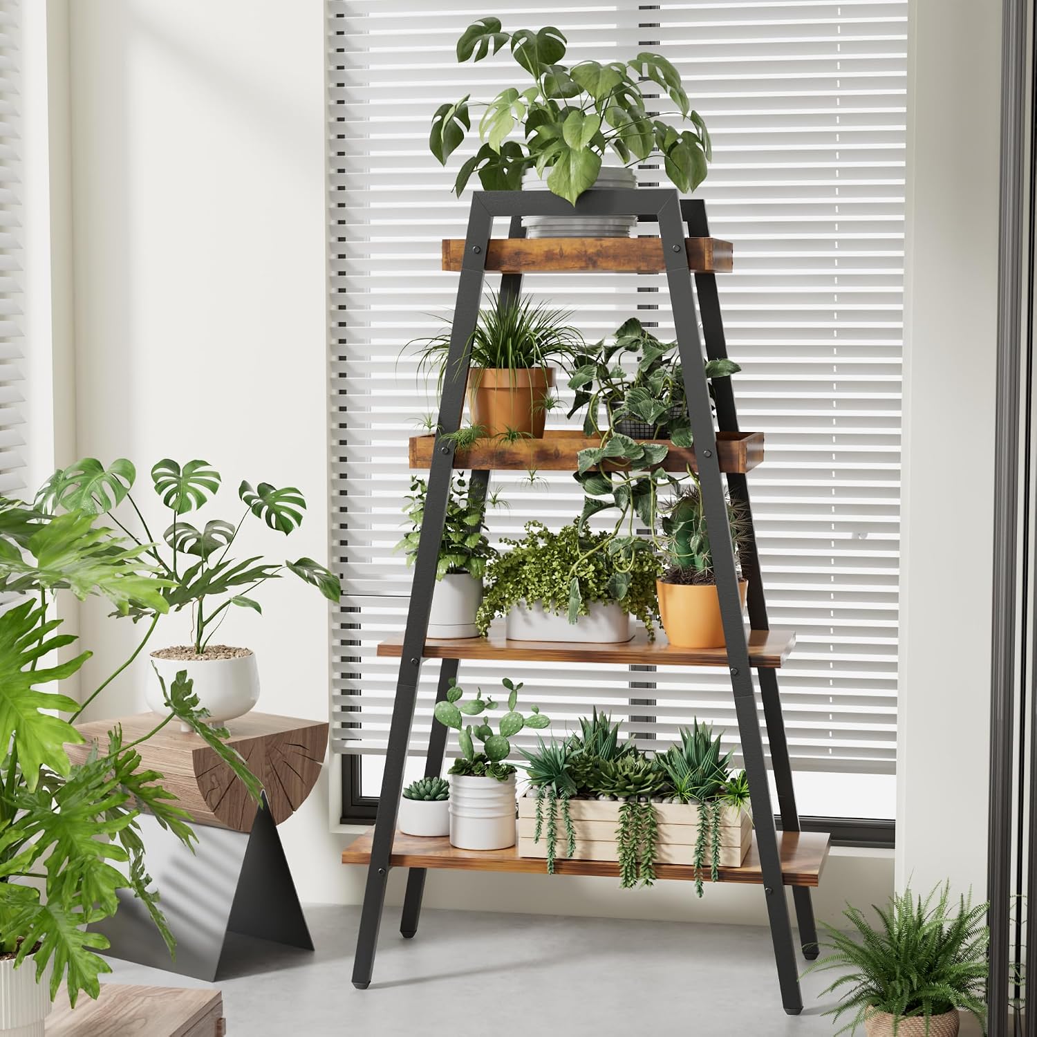 Brown Wood‑Metal 4‑Tier Ladder Bookshelf