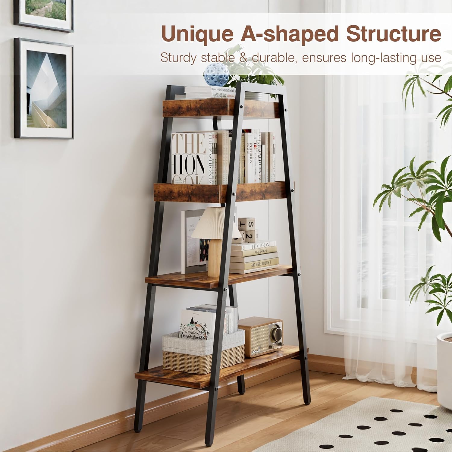 Brown Wood‑Metal 4‑Tier Ladder Bookshelf