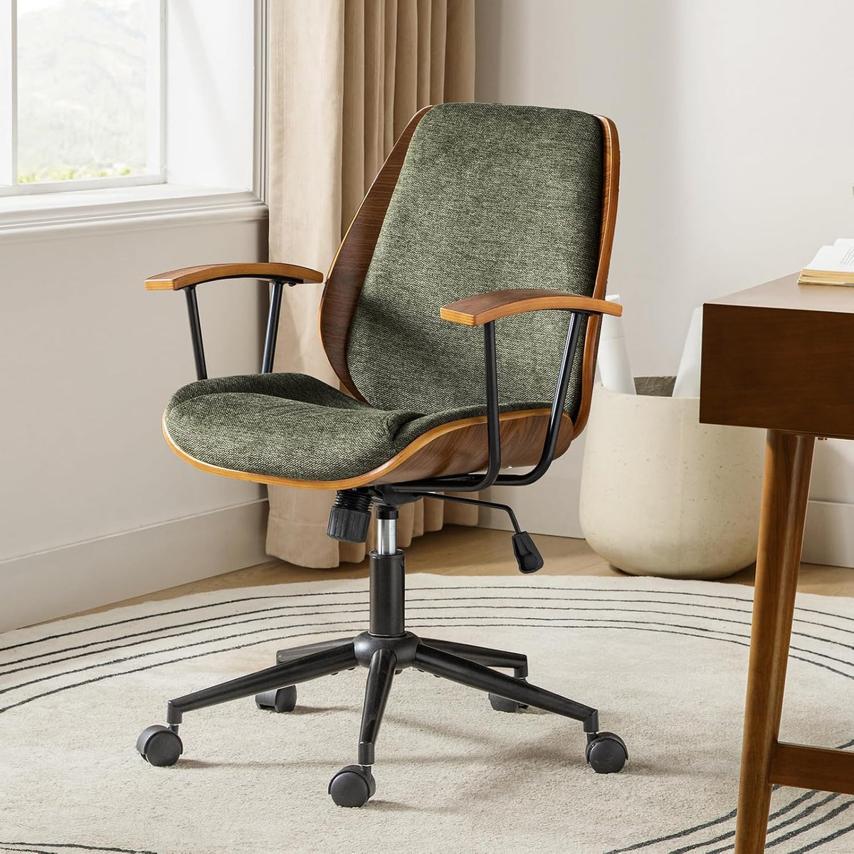 Mid‑Century Wooden Swivel Adjustable Office Chair