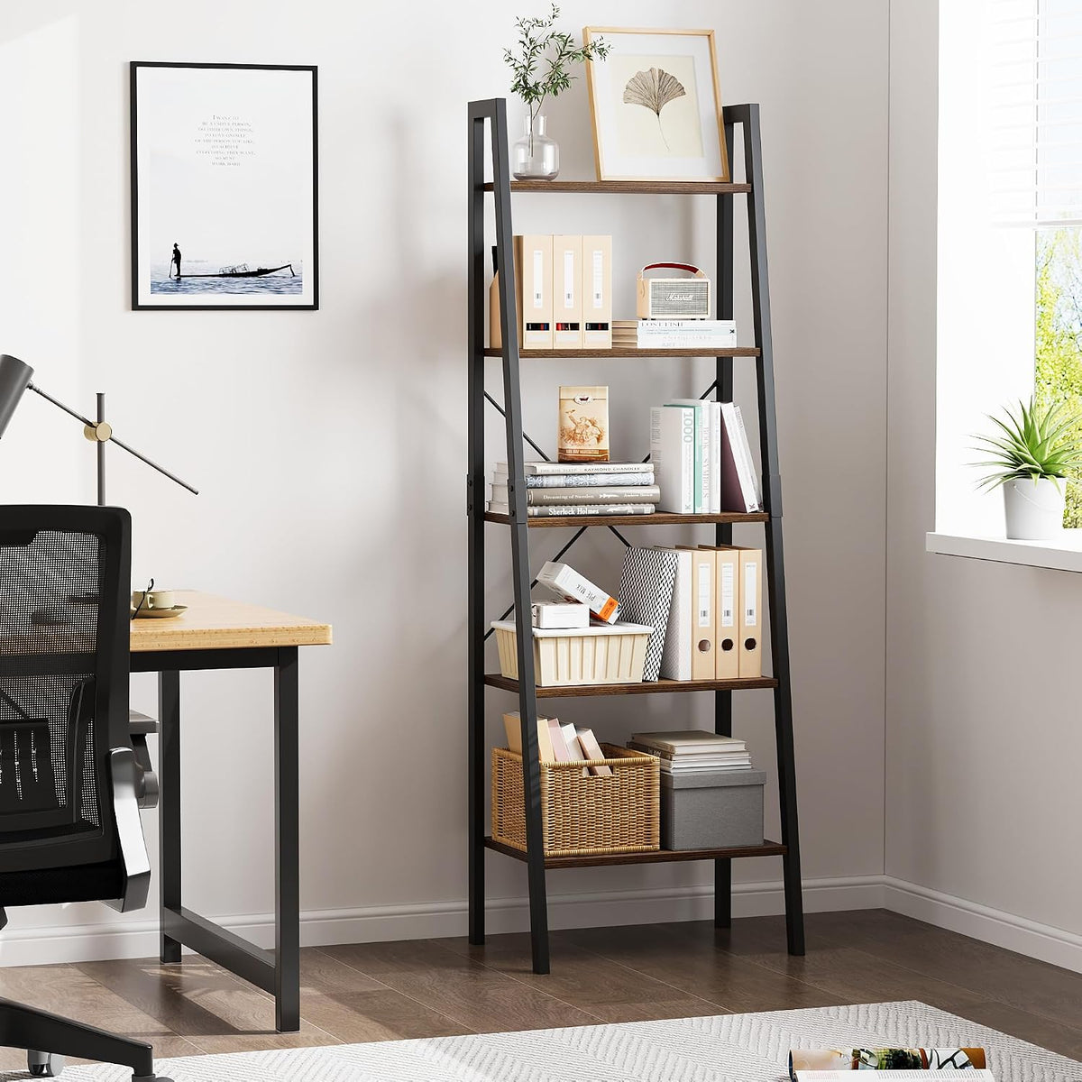 Rustic Brown Metal‑Frame Ladder Bookshelf