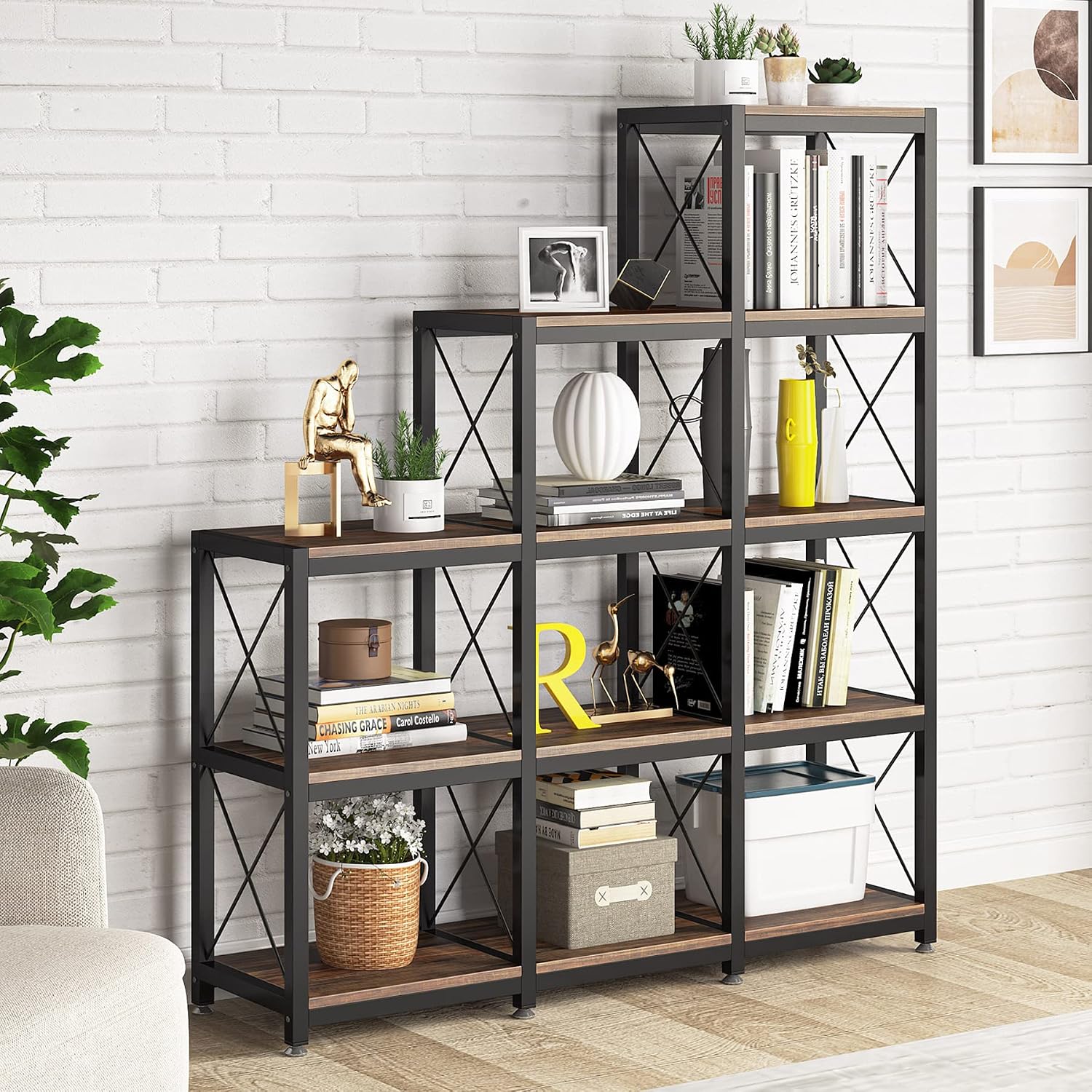 Rustic Brown Industrial Corner Bookshelf
