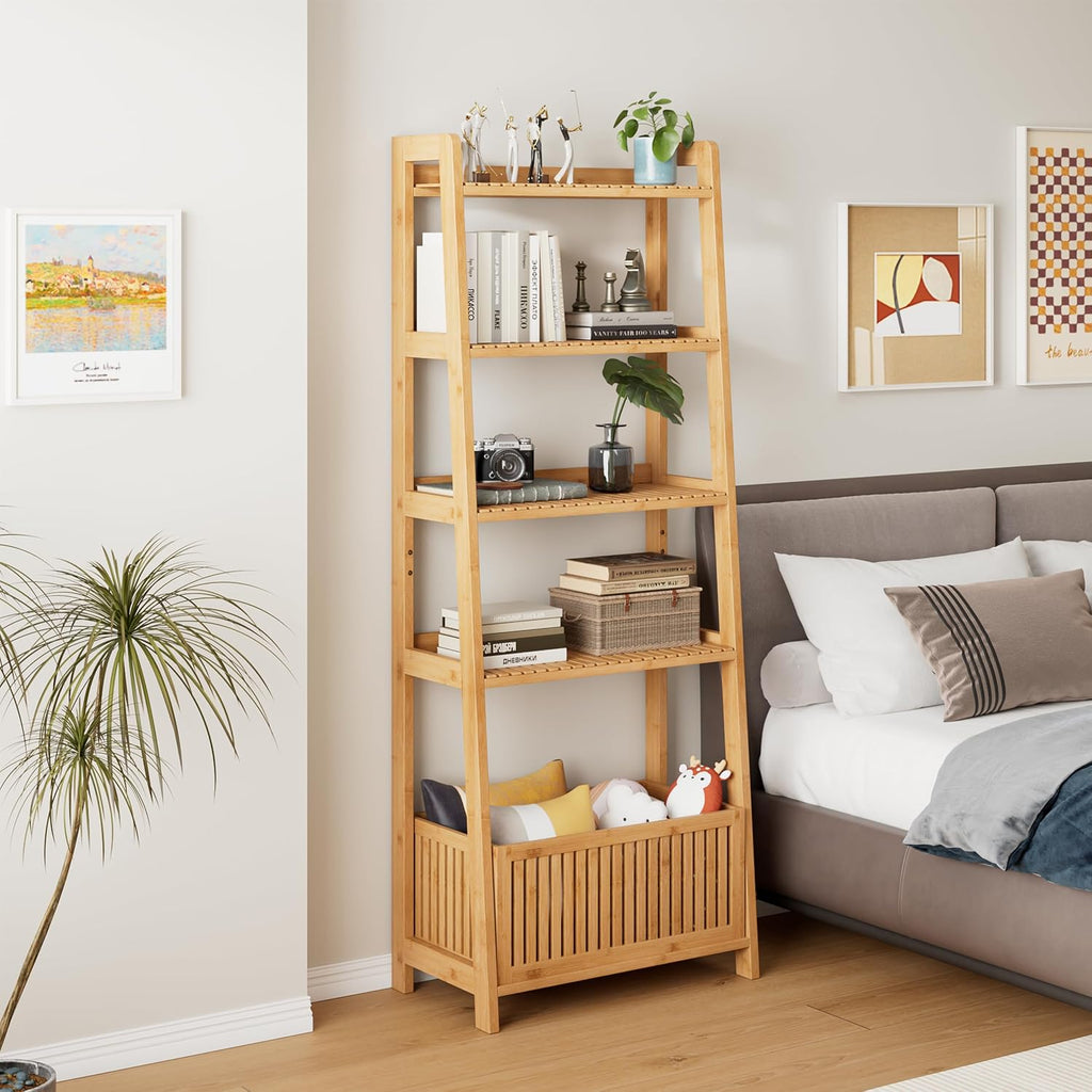 Natural Bamboo 4‑Tier Ladder Storage Shelf