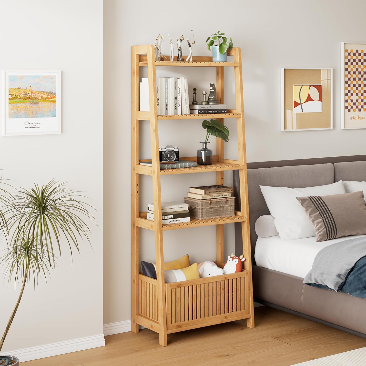 Natural Bamboo 4‑Tier Ladder Storage Shelf