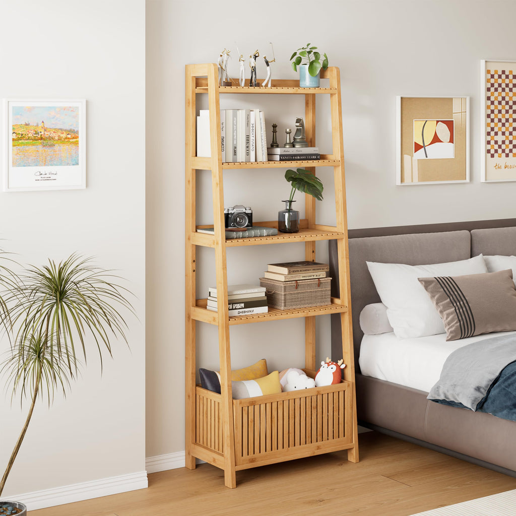 Natural Bamboo 4‑Tier Ladder Storage Shelf
