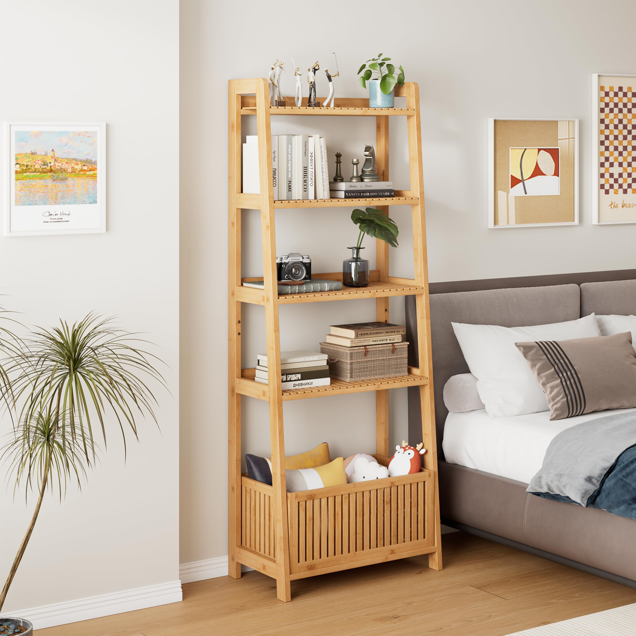 Natural Bamboo 4‑Tier Ladder Storage Shelf