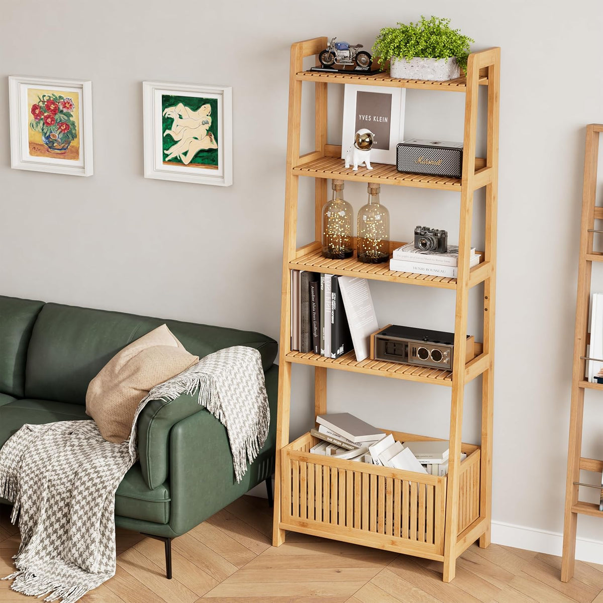 Natural Bamboo 4‑Tier Ladder Storage Shelf
