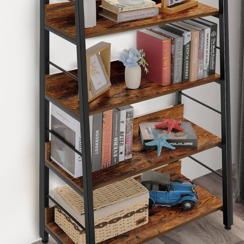 Rustic Brown Wood‑Metal Ladder Bookshelf