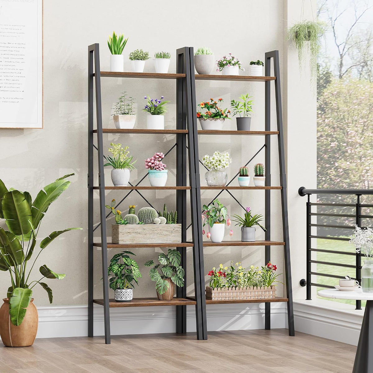 Rustic Brown Metal‑Frame Ladder Bookshelf