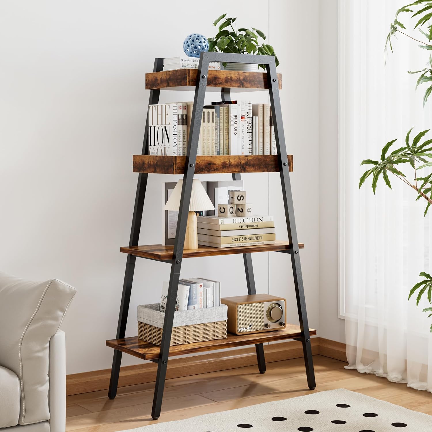 Brown Wood‑Metal 4‑Tier Ladder Bookshelf