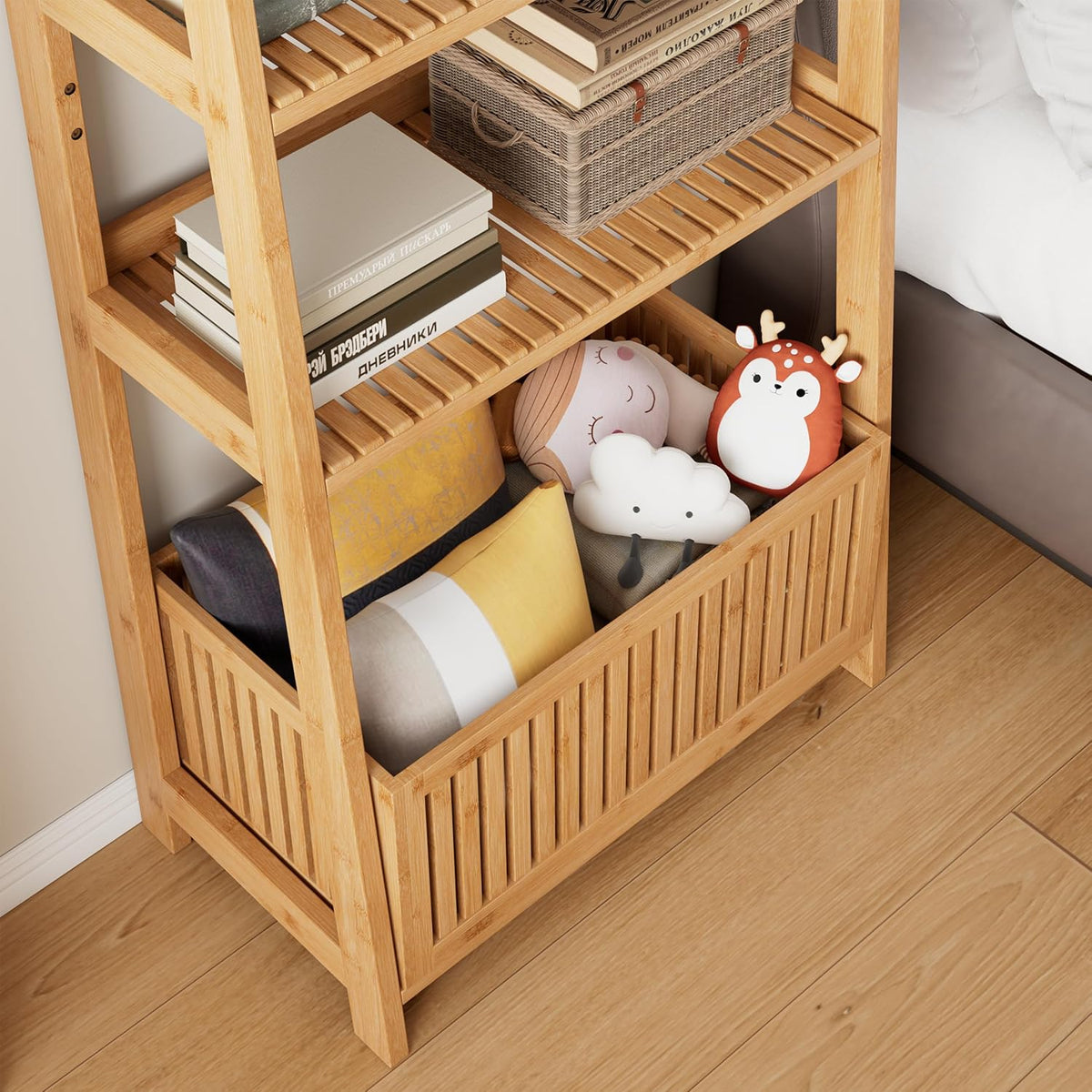 Natural Bamboo 4‑Tier Ladder Storage Shelf