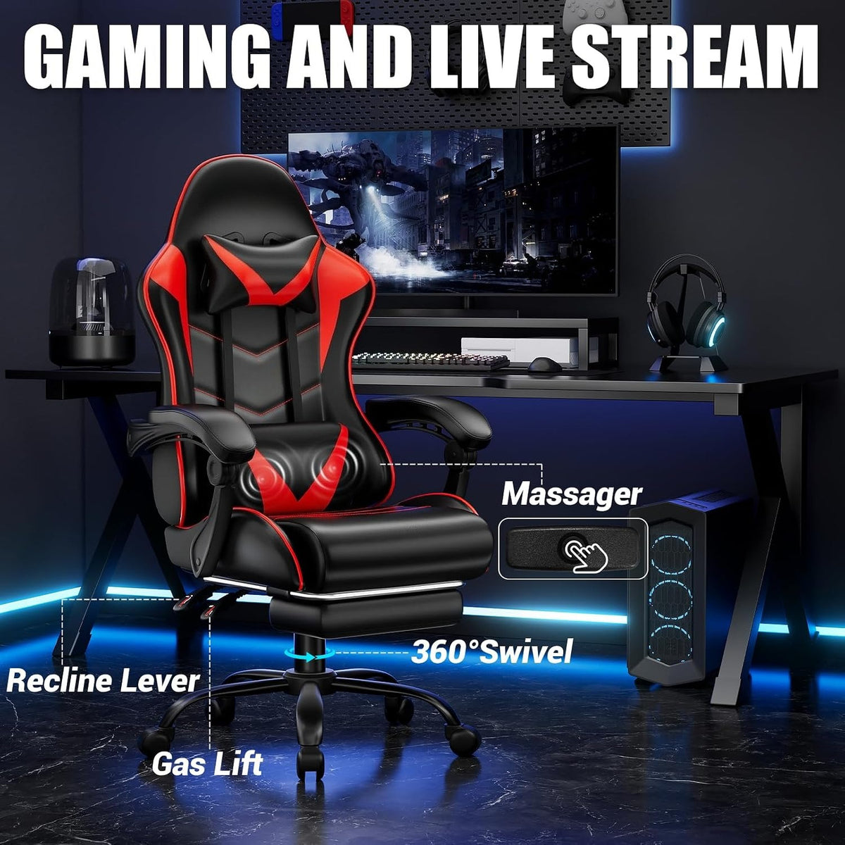 Red Reclining Racing Swivel Gaming Chair